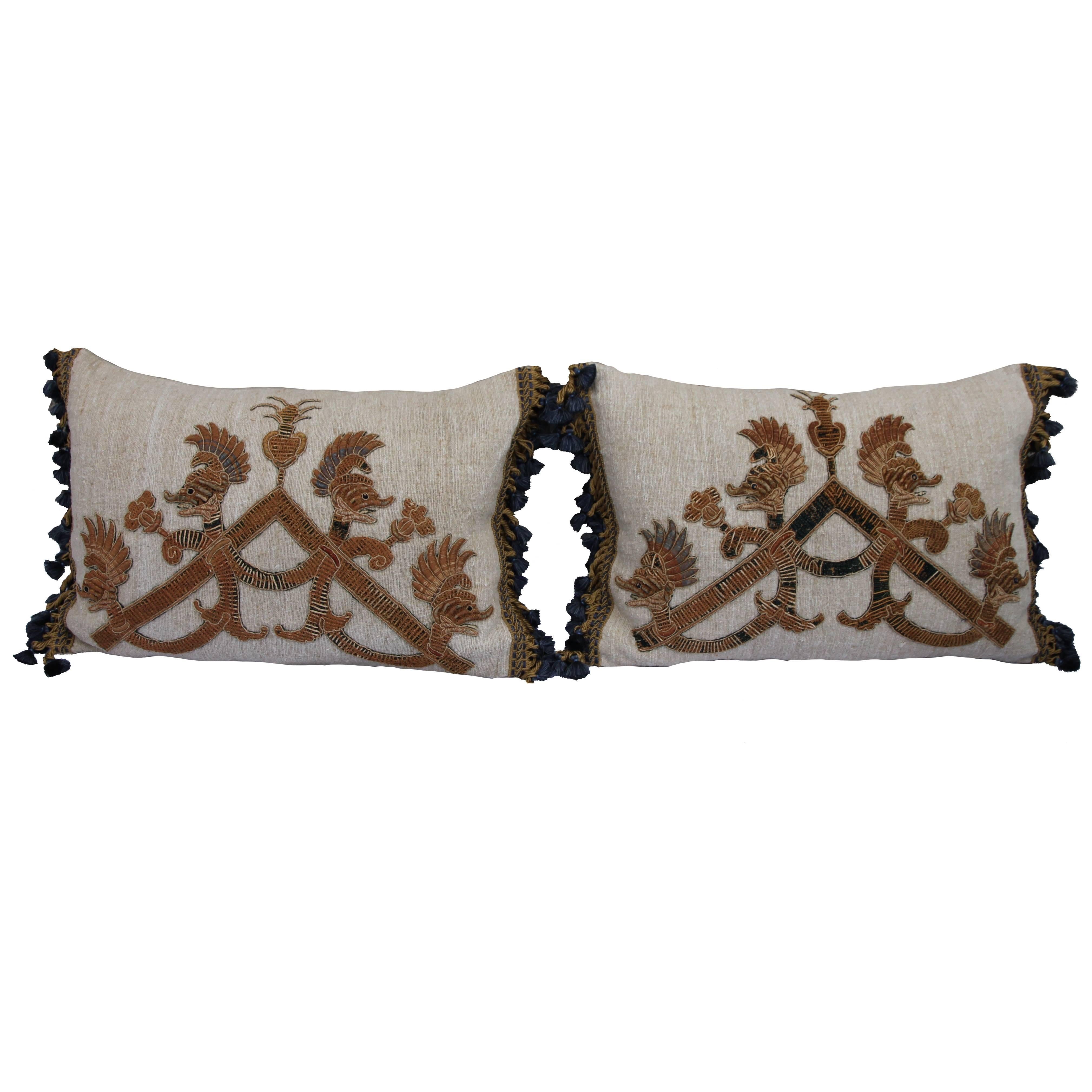 Italian Appliqueed Home Spun Linen Pillows with Tassel Fringe