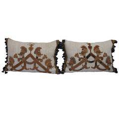 Italian Appliqueed Home Spun Linen Pillows with Tassel Fringe