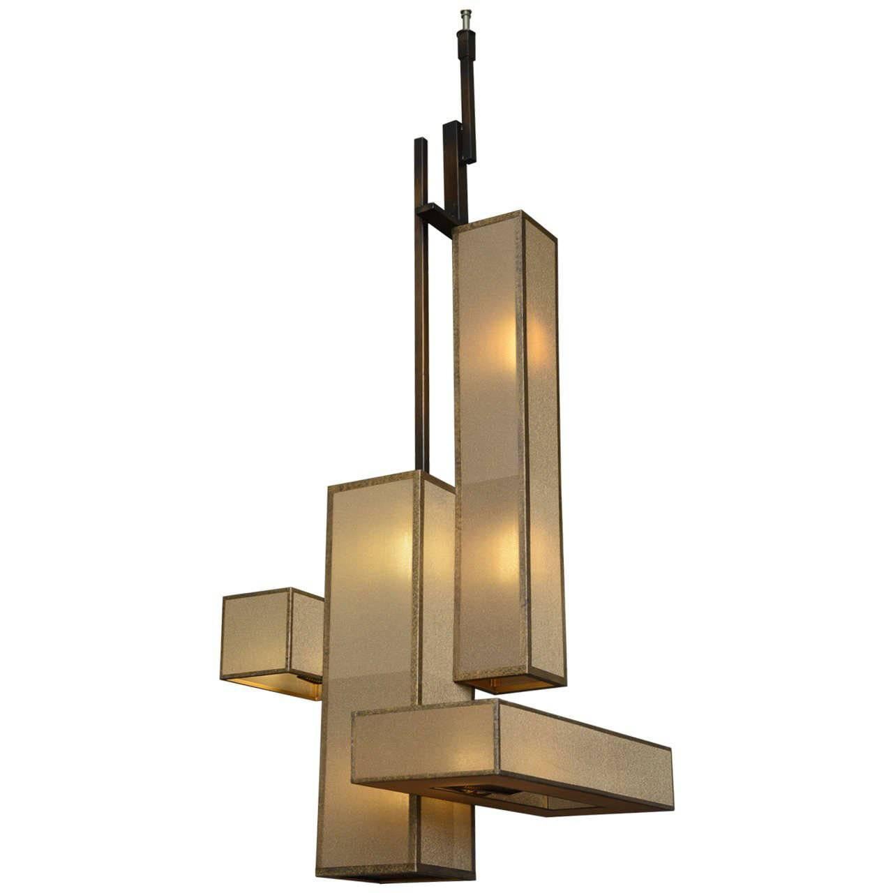 Large Italian Modern Patinated Brass and Glass Chandelier