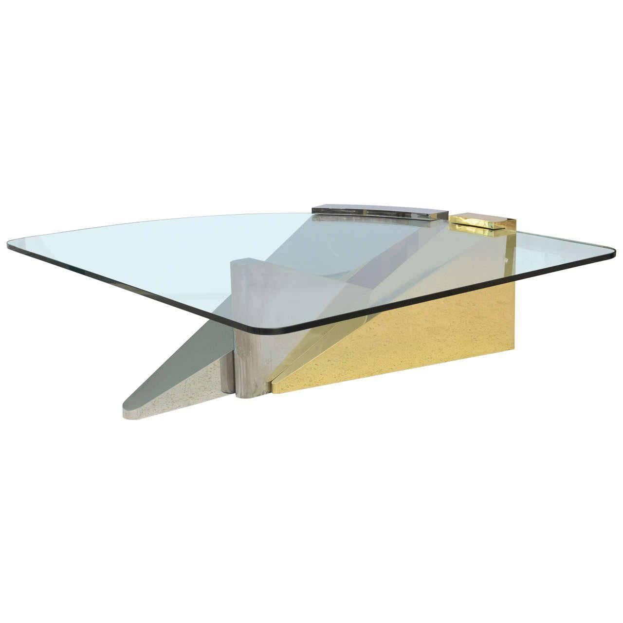 Large American Modern Polished Brass, Chrome and Stainless Low Table, Ron Seff For Sale