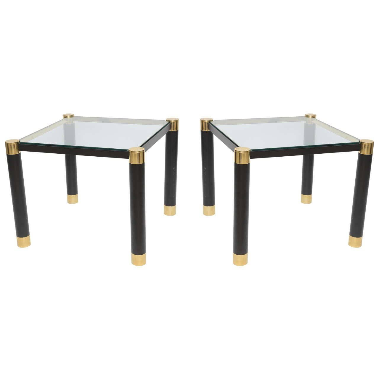 Pair of American Modern Brass and Ebonized Glass Top Tables, Karl Springer For Sale