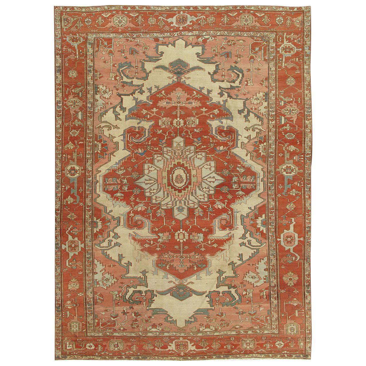 Antique Persian Serapi Carpet, Ivory Hand-Knotted Wool Oriental Rug