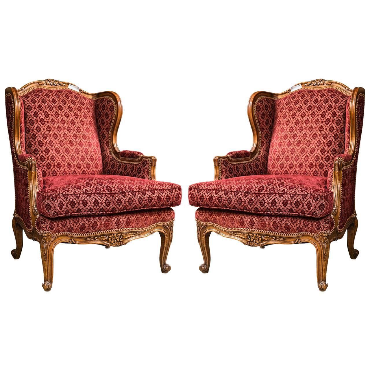 Pair of Louis XV Style French Wingback Bergere Chairs Finely Carved And Crafted 