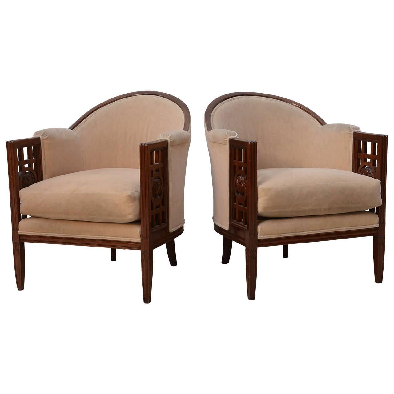 Fine Pair of French Art Deco Mahogany Chairs, Paul Follot For Sale