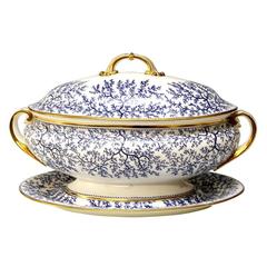 Minton Blue and White Seaweed Motif Oval Soup Tureen with Matching Underplate