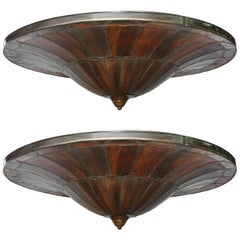 Vintage Pair of Large Leaded Glass Light Fixtures