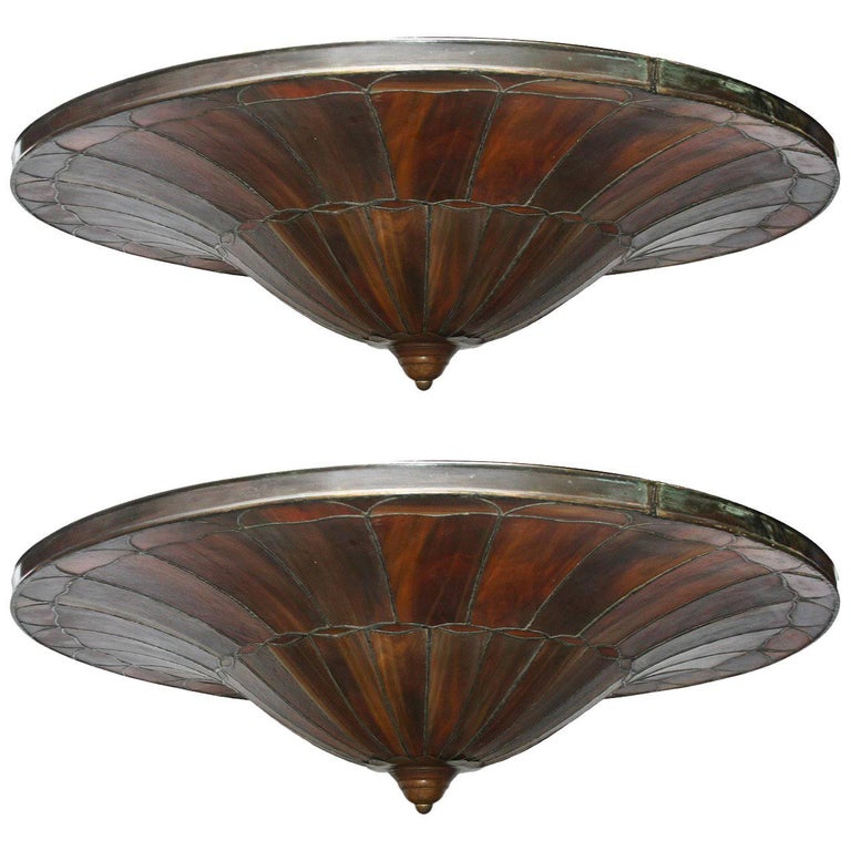 Pair of Large Leaded Glass Light Fixtures