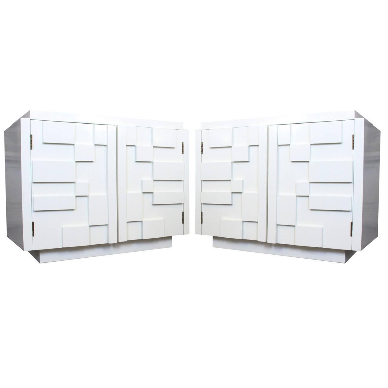 Pair of White Lacquer Brutalist Nightstands by Lane