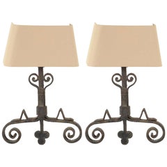 Pair of Bold Architectural Iron Sconces with Custom Linen Shades
