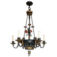 Antique Painted and Gilt Tole Flower Basket Chandelier