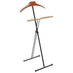 Retro Mid-Century Modern French Wood and Brass Men's Valet Stand, Coat Stand