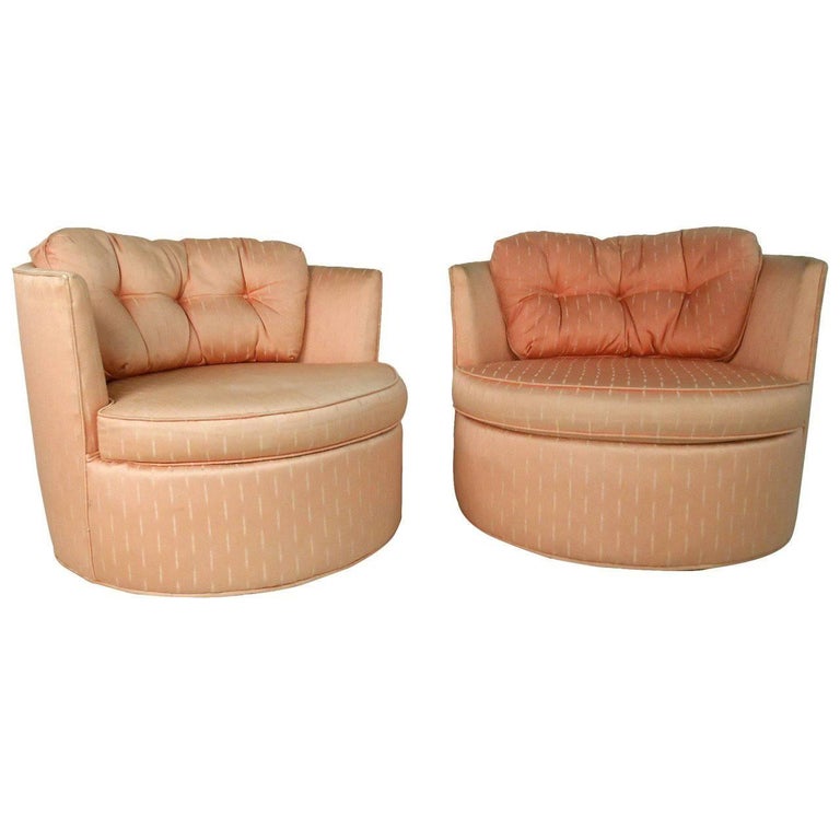 Pair of Vintage Modern Barrel Back Swivel Chairs For Sale at 1stdibs