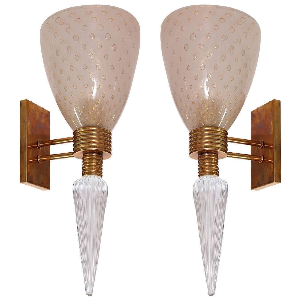 Pair of Murano opaline sconces with controlled bubbles and inverted teardrop finials, circa 1940s.