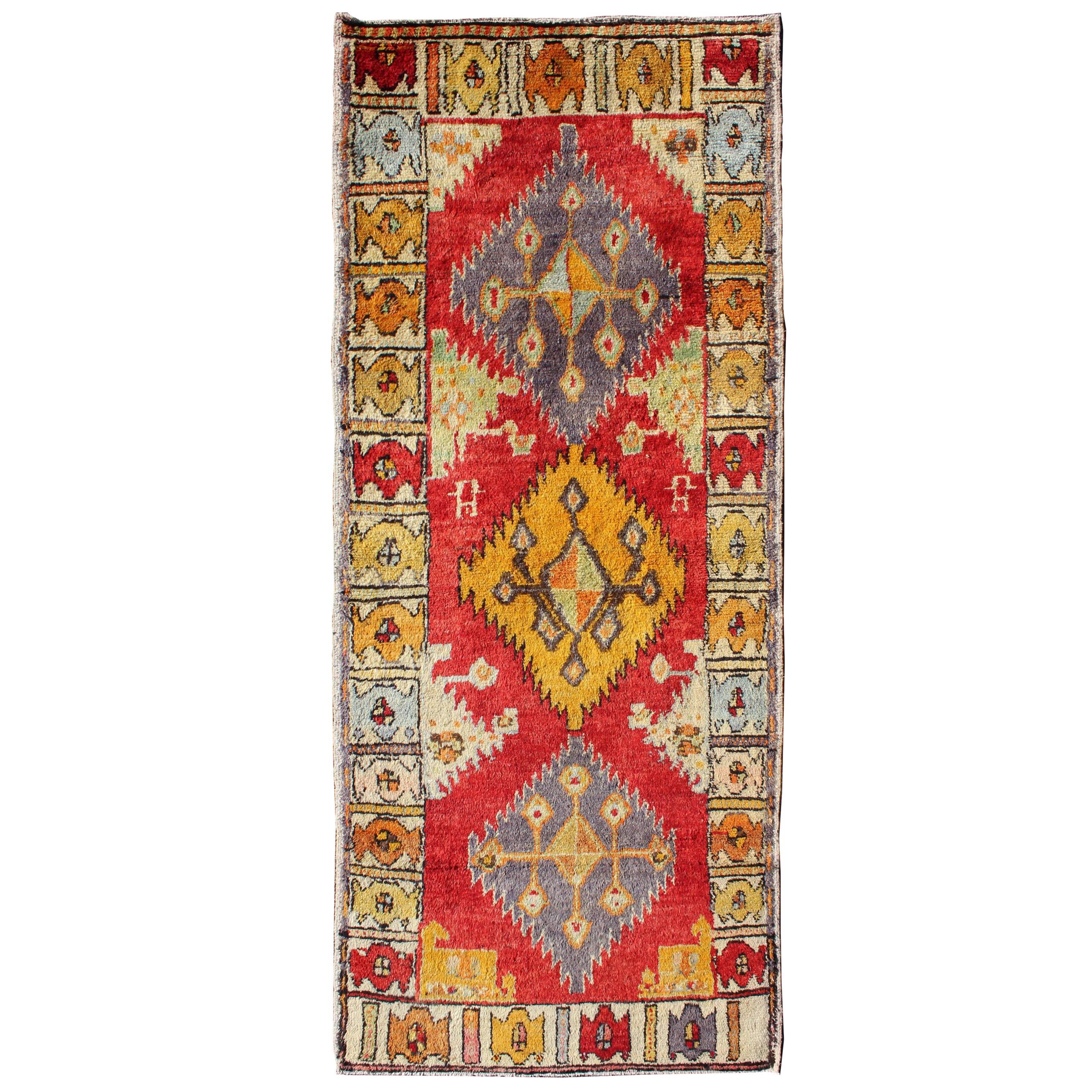 Tribal Turkish Oushak Runner with bright colors in Red, Gold, Yellow and Orange For Sale