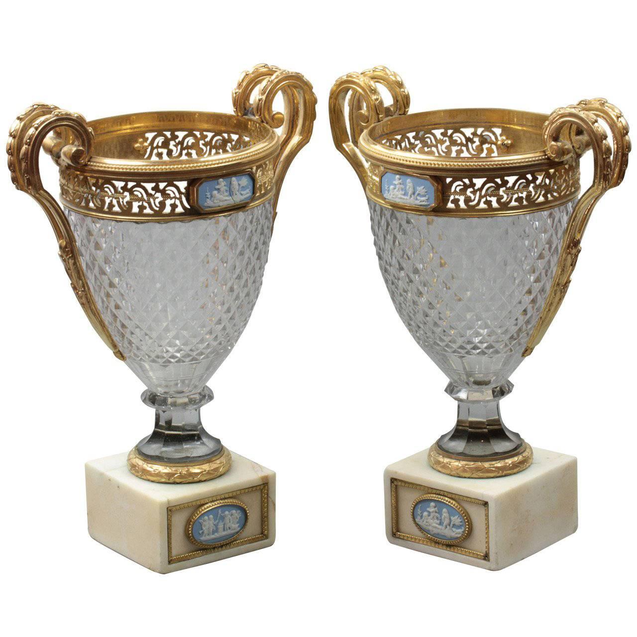 Pair of Empire Style French Cut-Glass Vases, End of the 19th Century For Sale