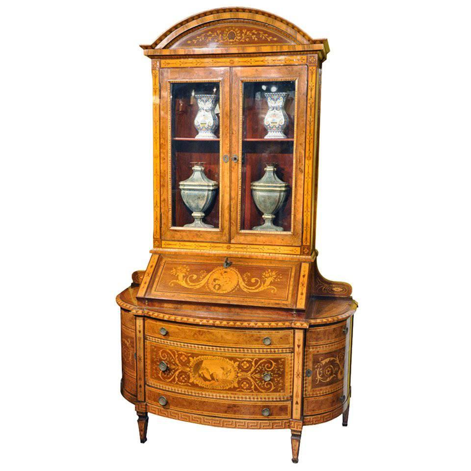 19th Century Italian Walnut Bombe Secretary Bookcase with Marquetry Inlay