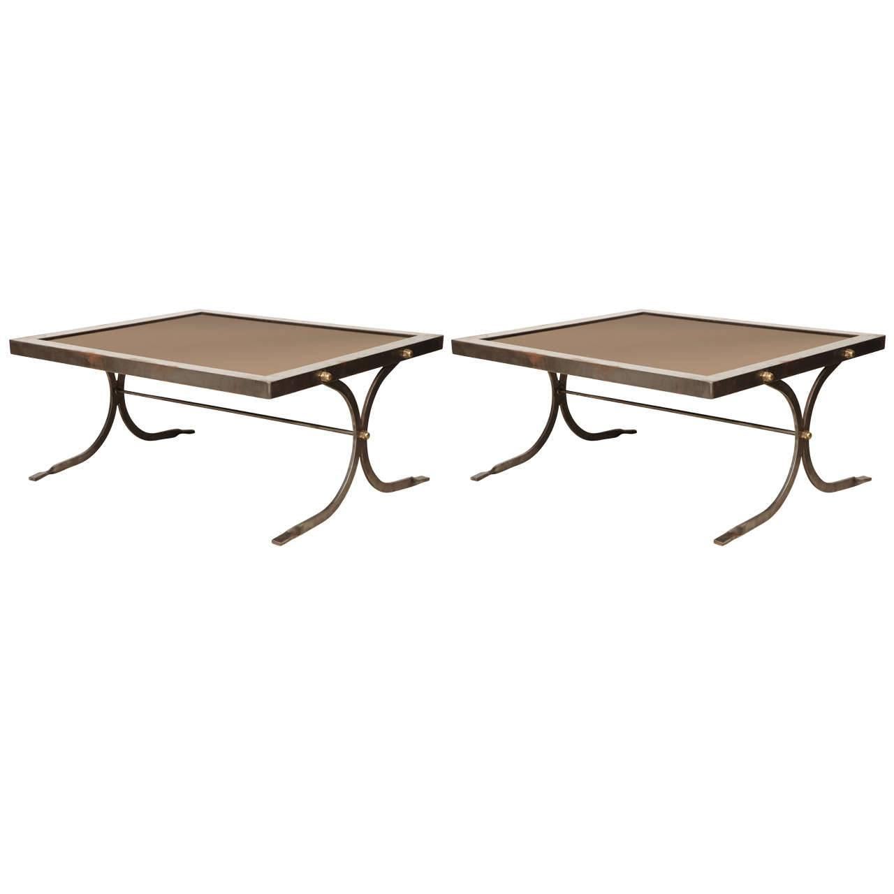 Pair of Maison Jansen Steel Coffee Tables with Smoked Mirrored Tops, France