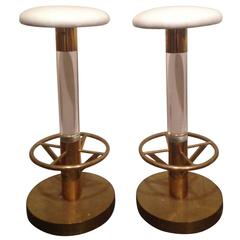 Pair of Lucite and Brass Barstools