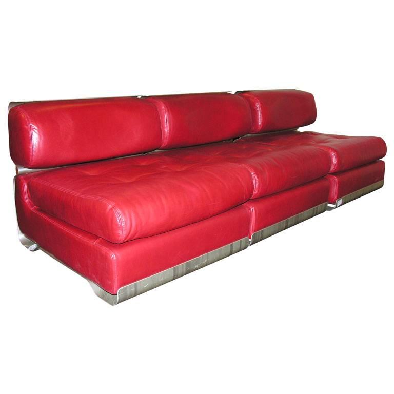 Custom Leather and Metal Three-Seat Sofa For Sale