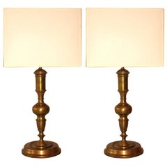 Pair French Mid-Century Modern Neoclassical Gilt Bronze /Solid Brass Table Lamps