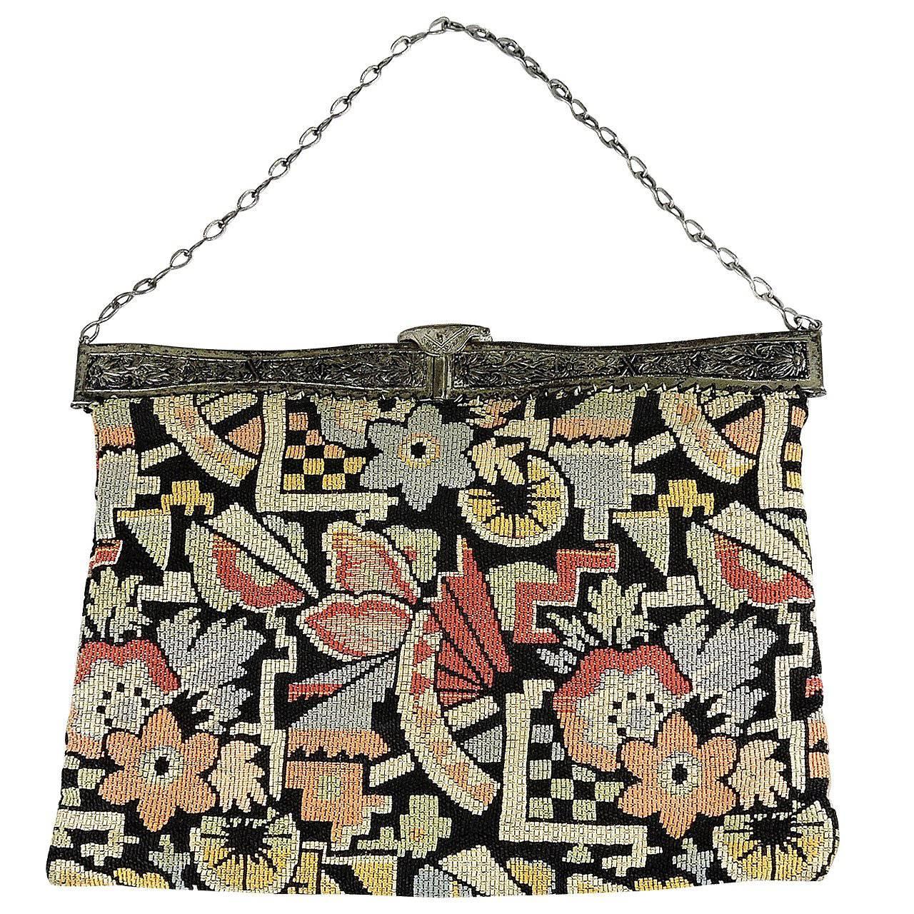 Art Deco Floral Design Needlework Handbag For Sale