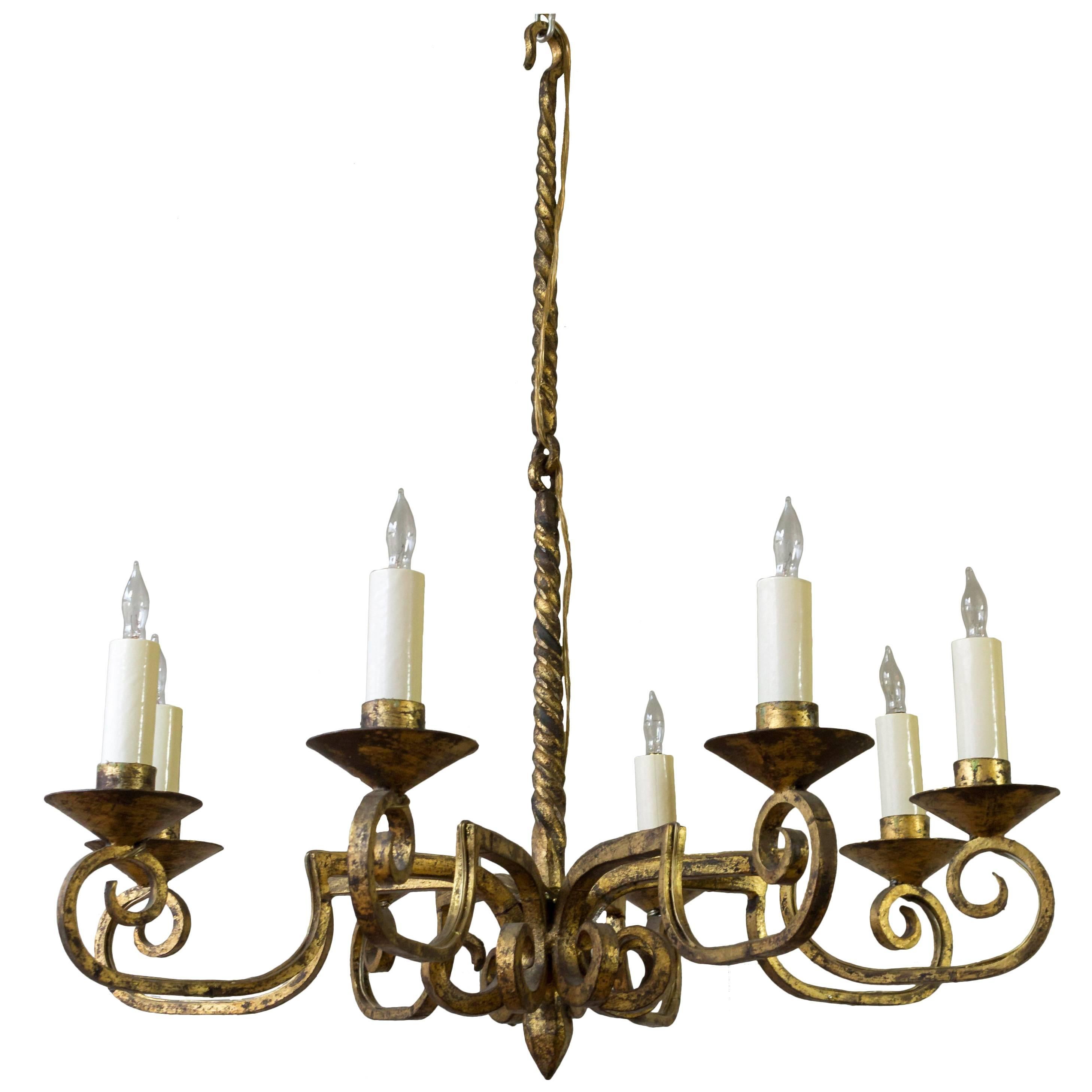 Unusual Spanish 19th Century Eight-Armed Chandelier with Twisted Metal Stem