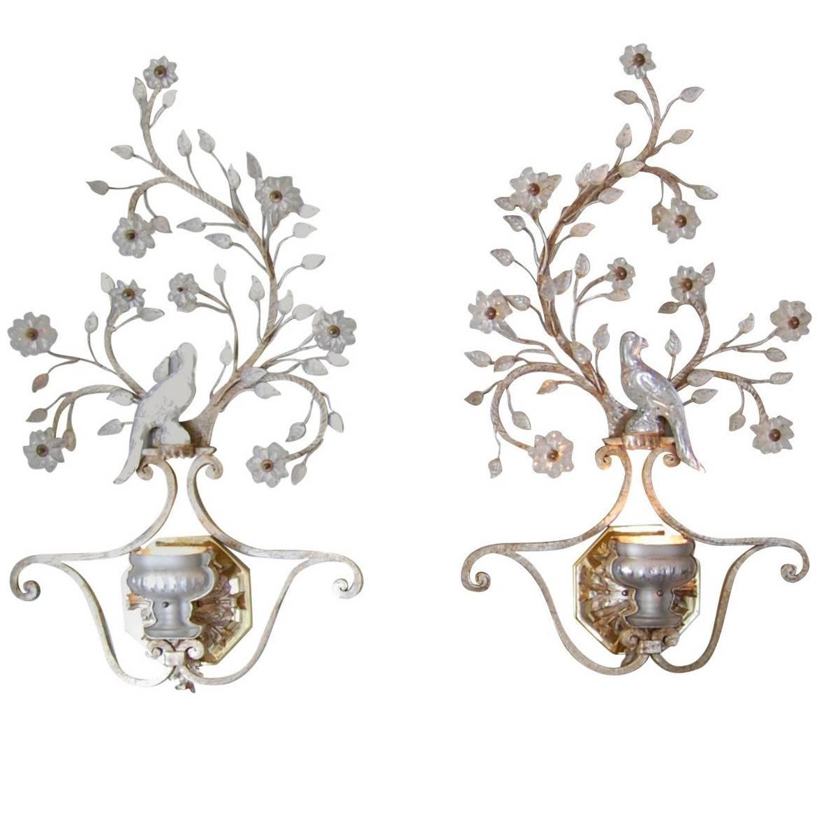 Pair of 1930s French Iron and Crystal Wall Sconces