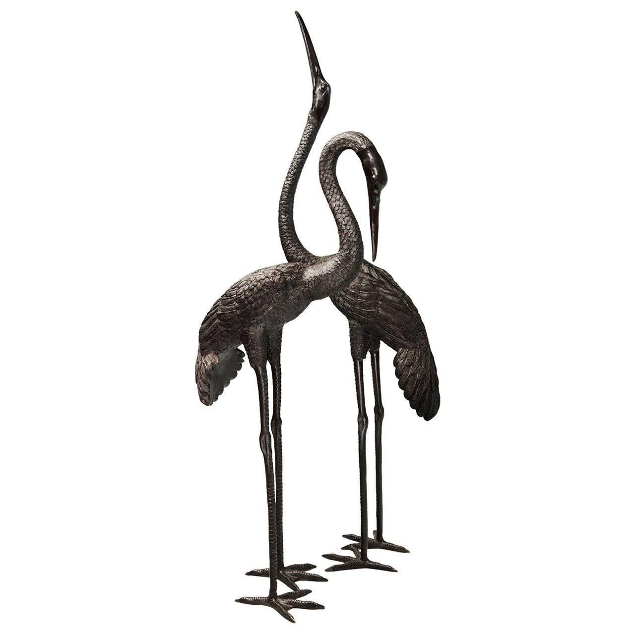 Pair of Cranes in Japanese Patinated Bronze