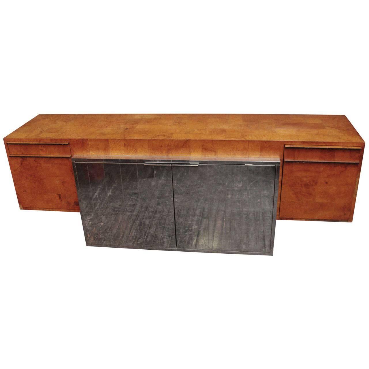 1974 Paul Evans Cantilevered Burled Walnut and Chrome "Cityscapes" Credenza