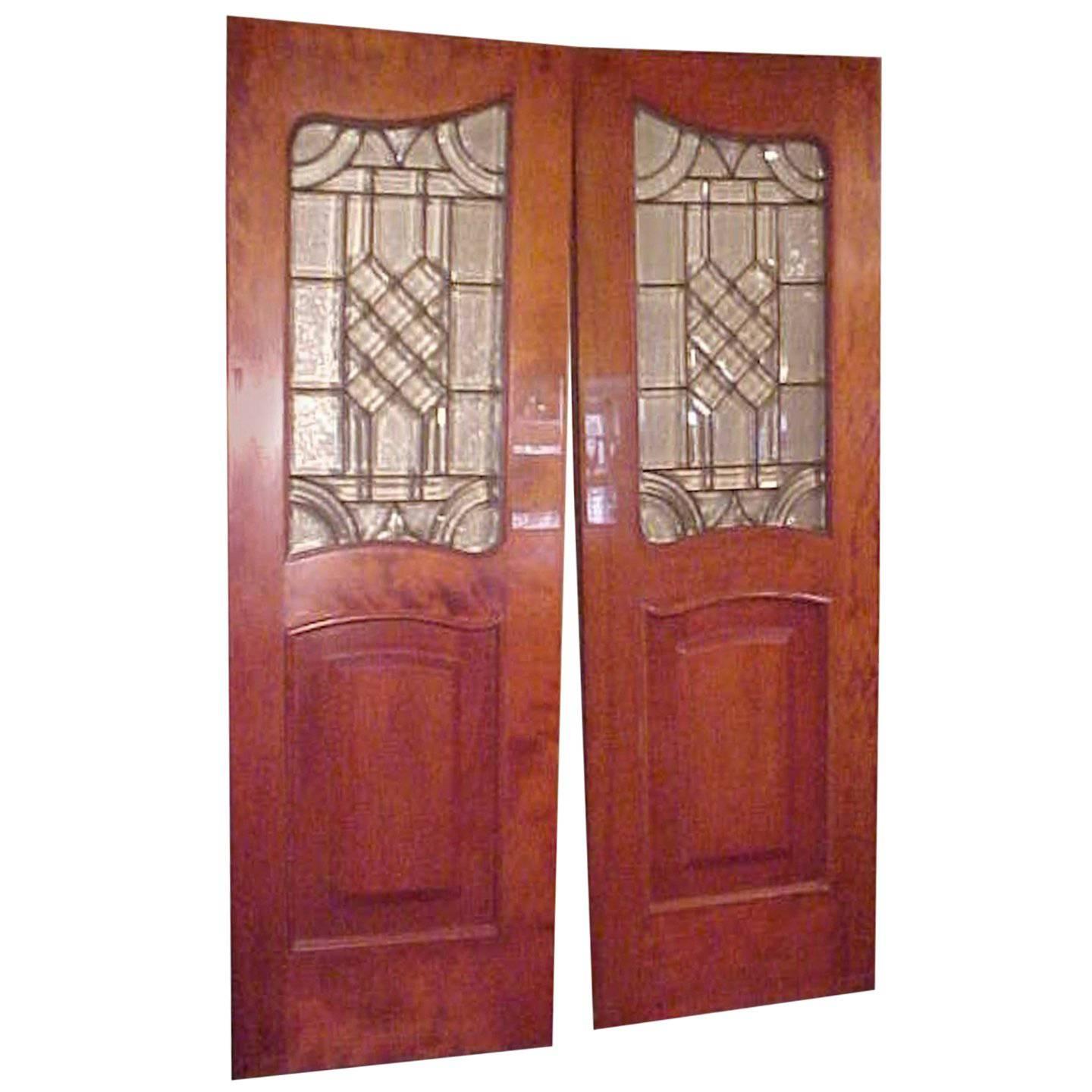 Antique Leaded Glass Doors Inset in Mahogany Raised Panel Doors-Provenance For Sale