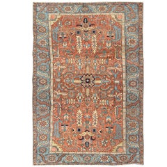 Antique Persian Heriz Serapi Rug with All Over Sub Geometric in Coral and L.Blue