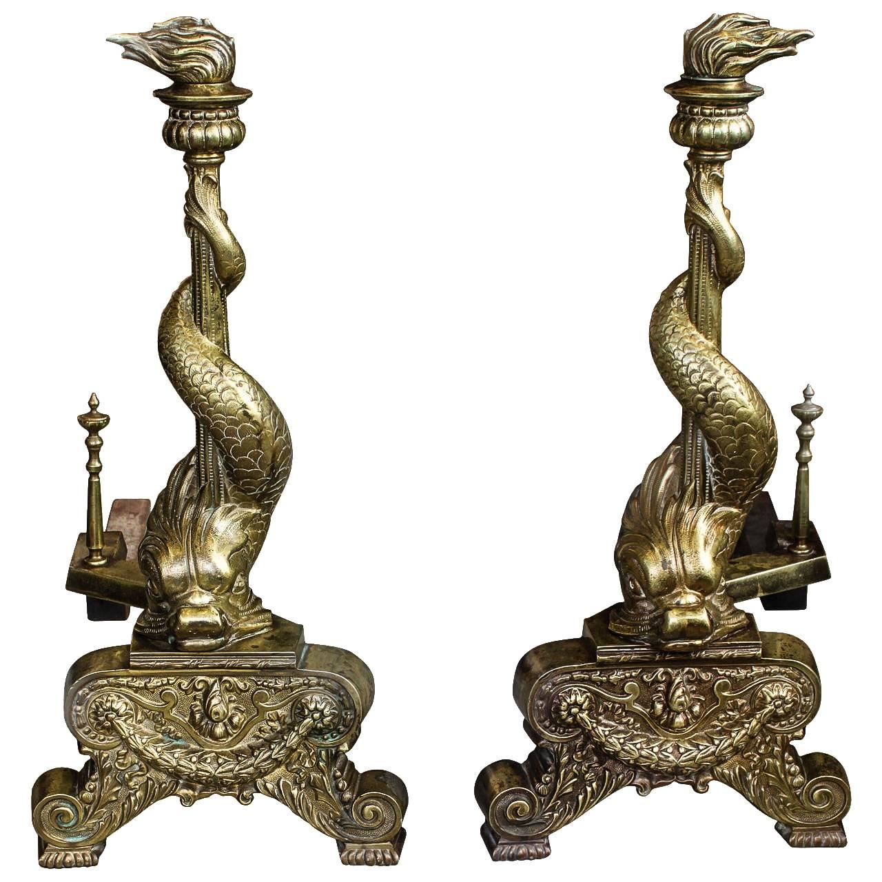 Brass Dolphin Andirons For Sale