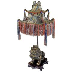 Rare Exotic 1920s Chinoiserie Lamp of Tasseled Pagoda Shade with Foo Dog Base 3
