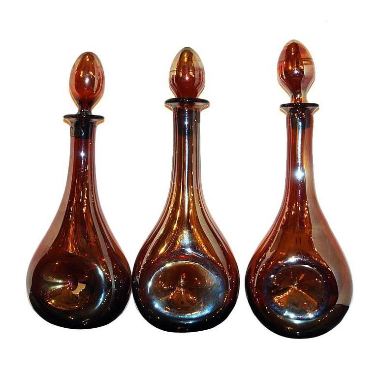 Set of Three Iridescent Glass Bottles For Sale at 1stdibs