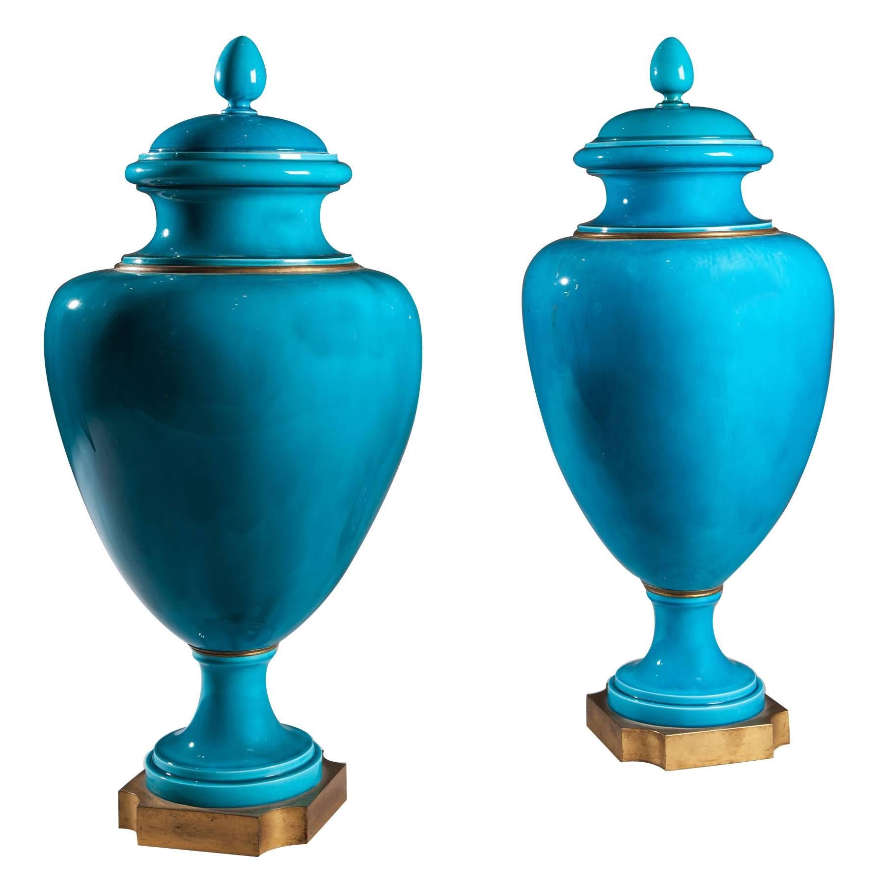 Pair of Turquoise Vases with Covers by Sèvres