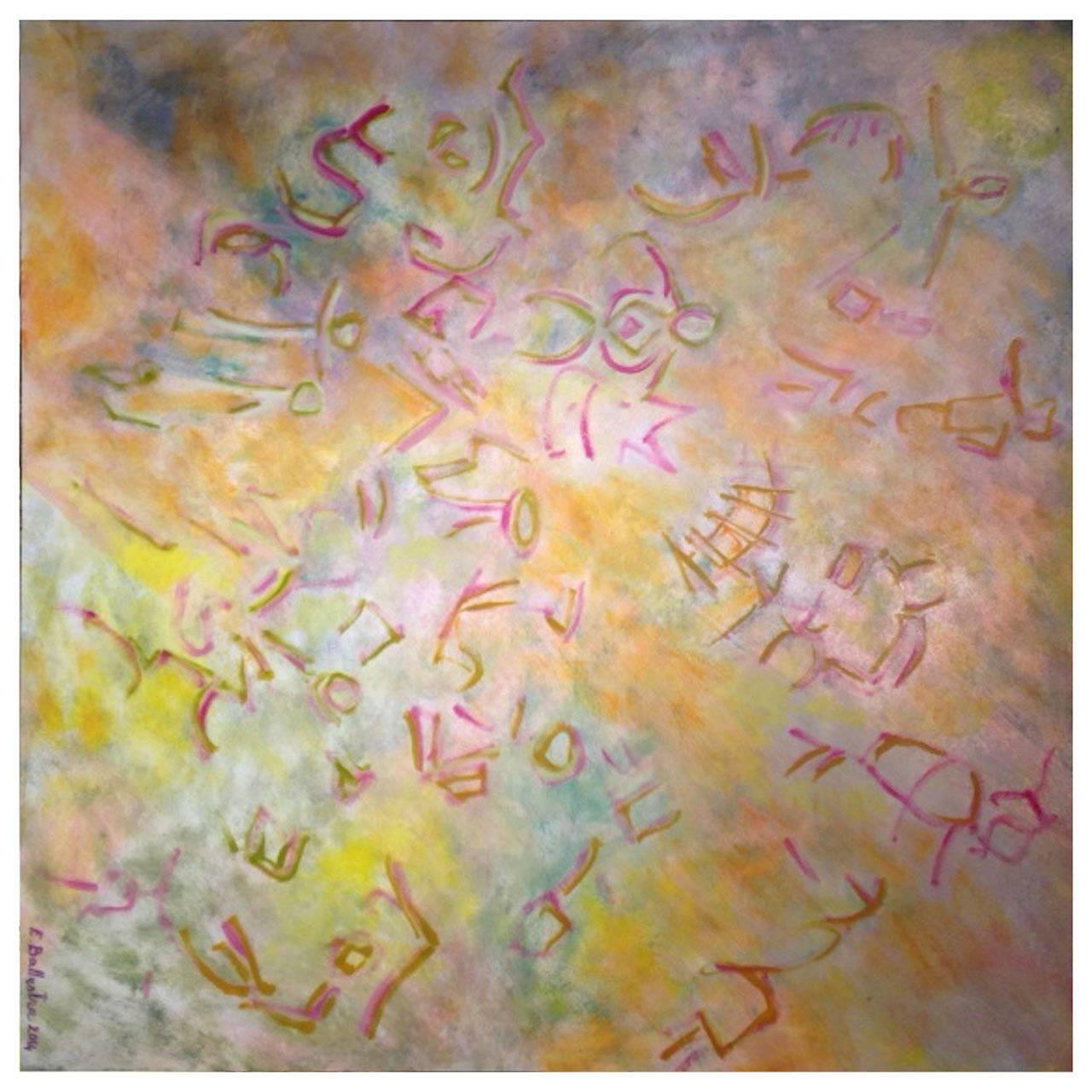 Oil on Canvas by Evelyne Ballestra, "Birth of writing Logogram"