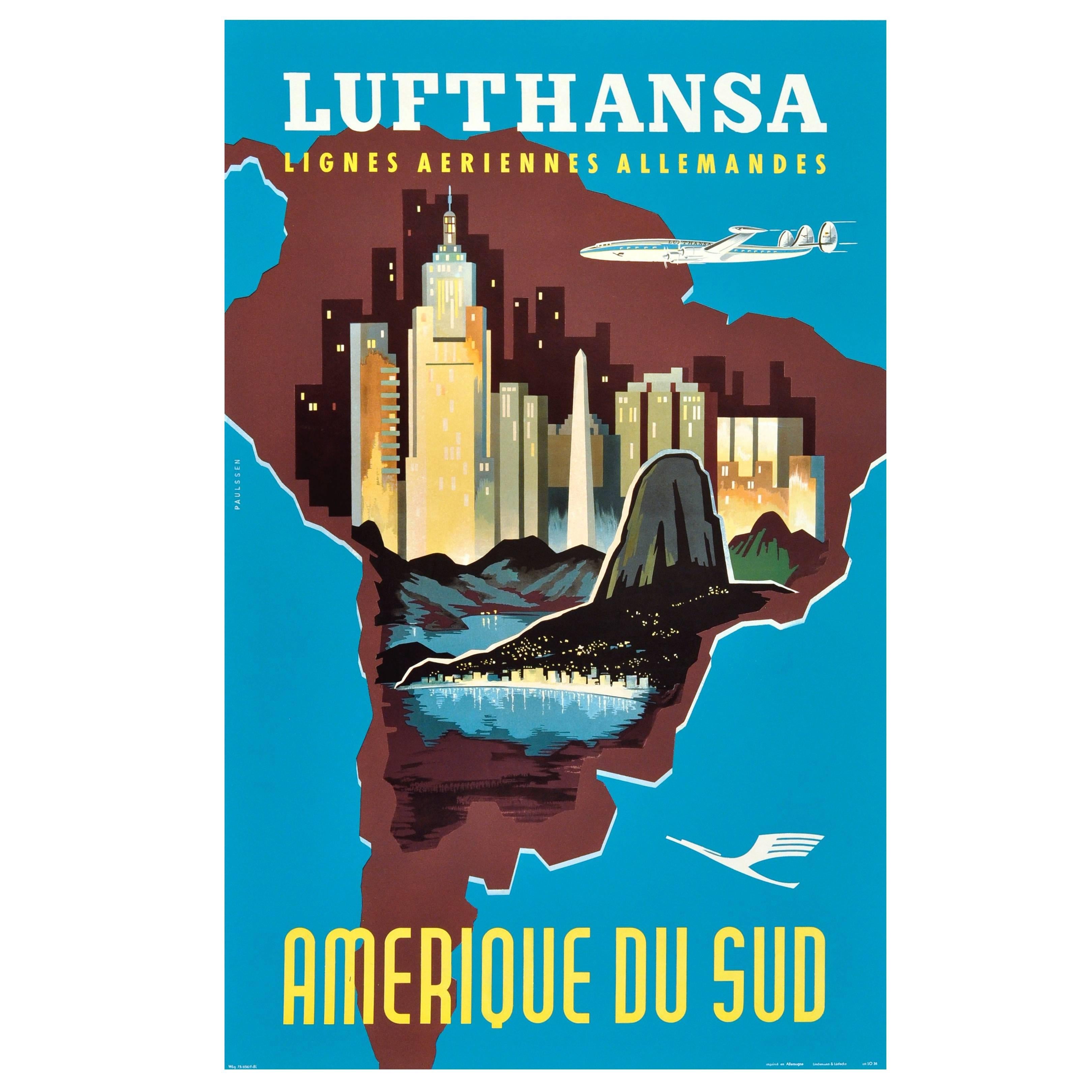 Original Vintage Travel Poster Advertising South America by Lufthansa