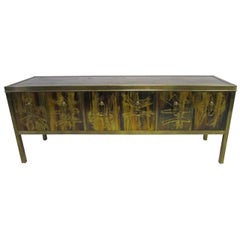 Outstanding Acid Etched Brass Credenza by Bernard Rohne Mastercraft