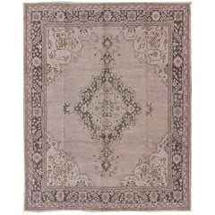 Antique Oushak With Medallion design in Lavender, Charcoal Brown, pale blue 