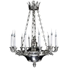 Large Antique, French Empire Style, Neoclassical Silvered Bronze Chandelier