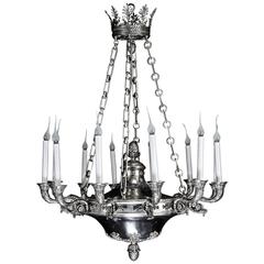 Large Antique, French Empire Style, Neoclassical Silvered Bronze Chandelier 10