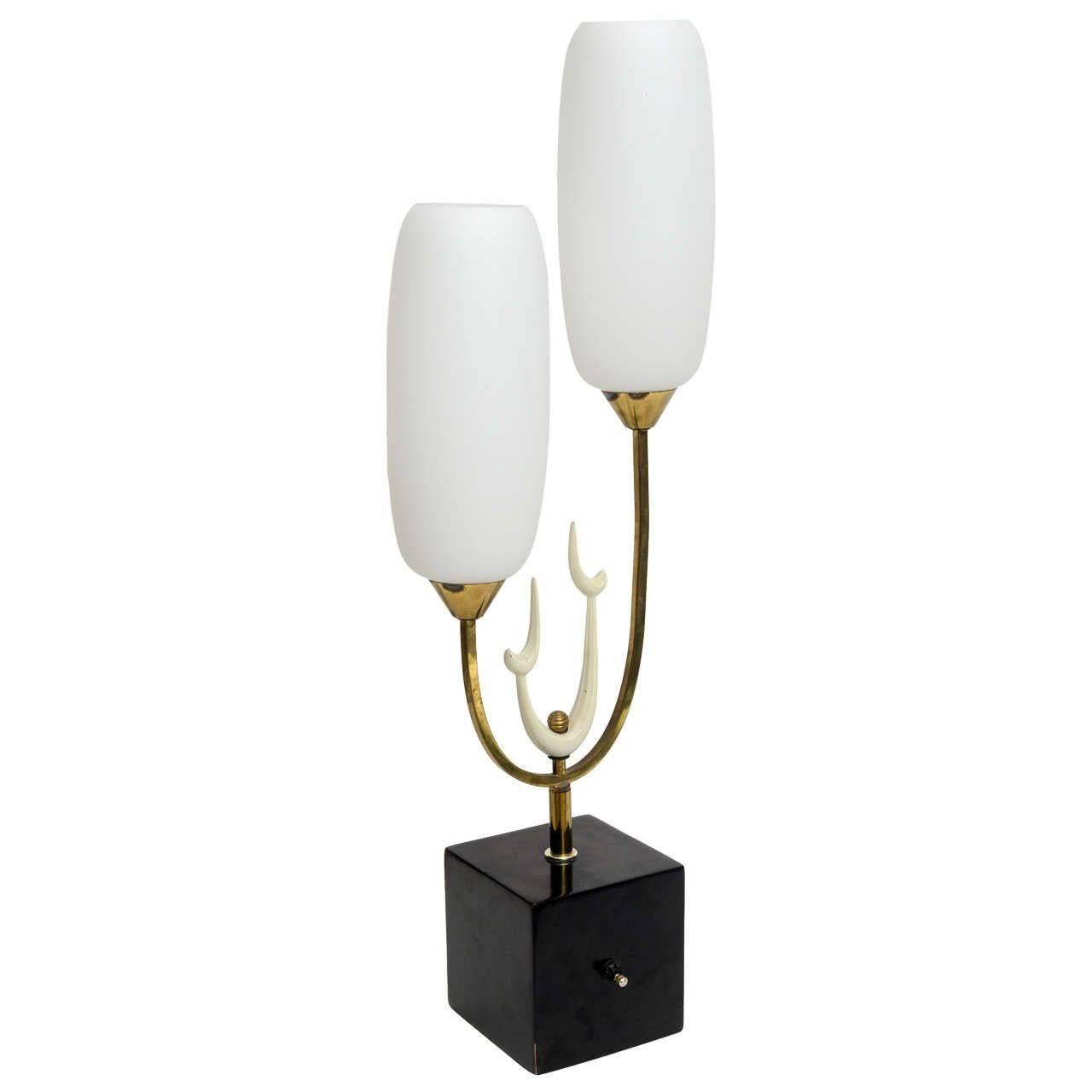 Italian Modern Brass Enamel and Glass Lamp, Arteluce For Sale