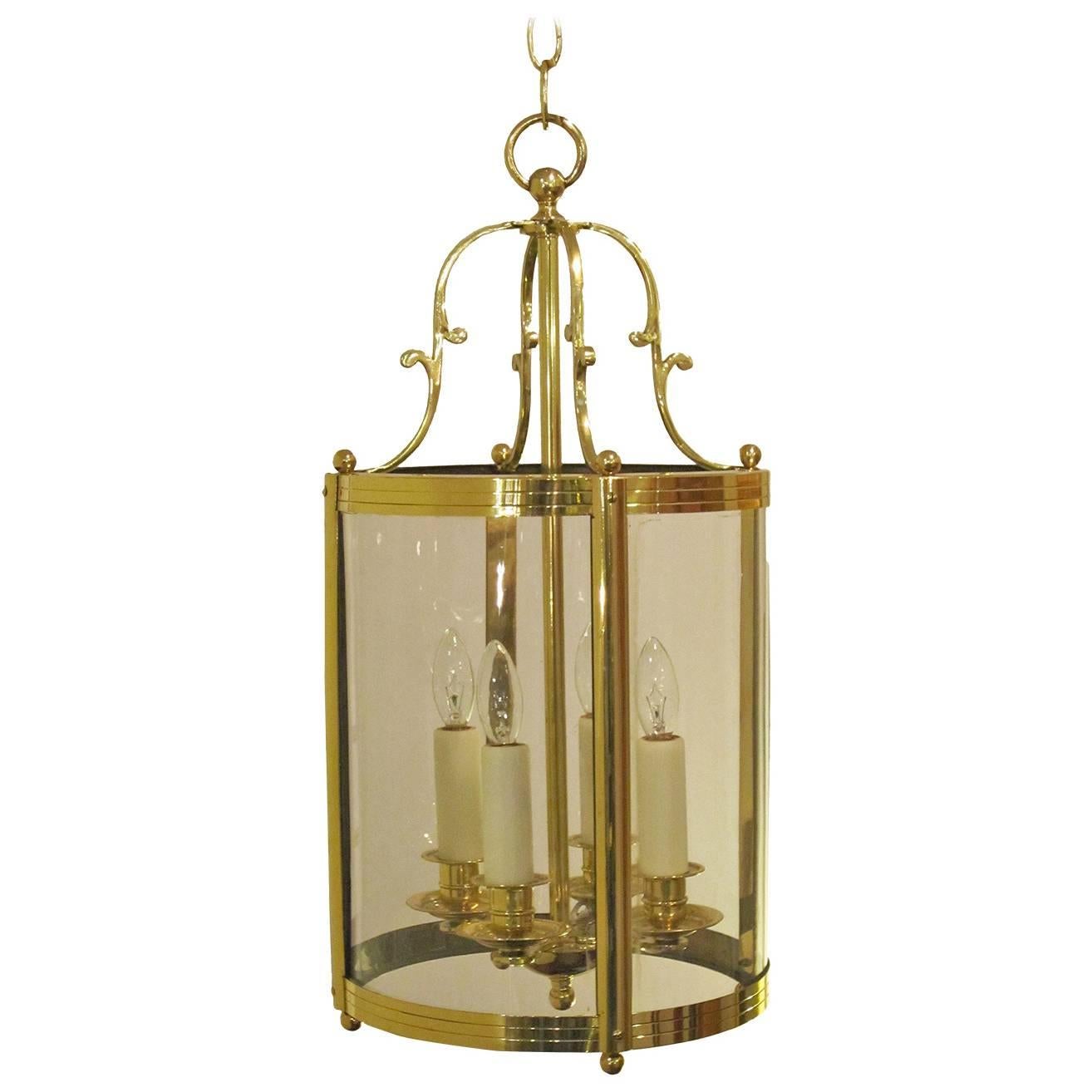 French Four-Light Hanging Lantern of Brass and Glass