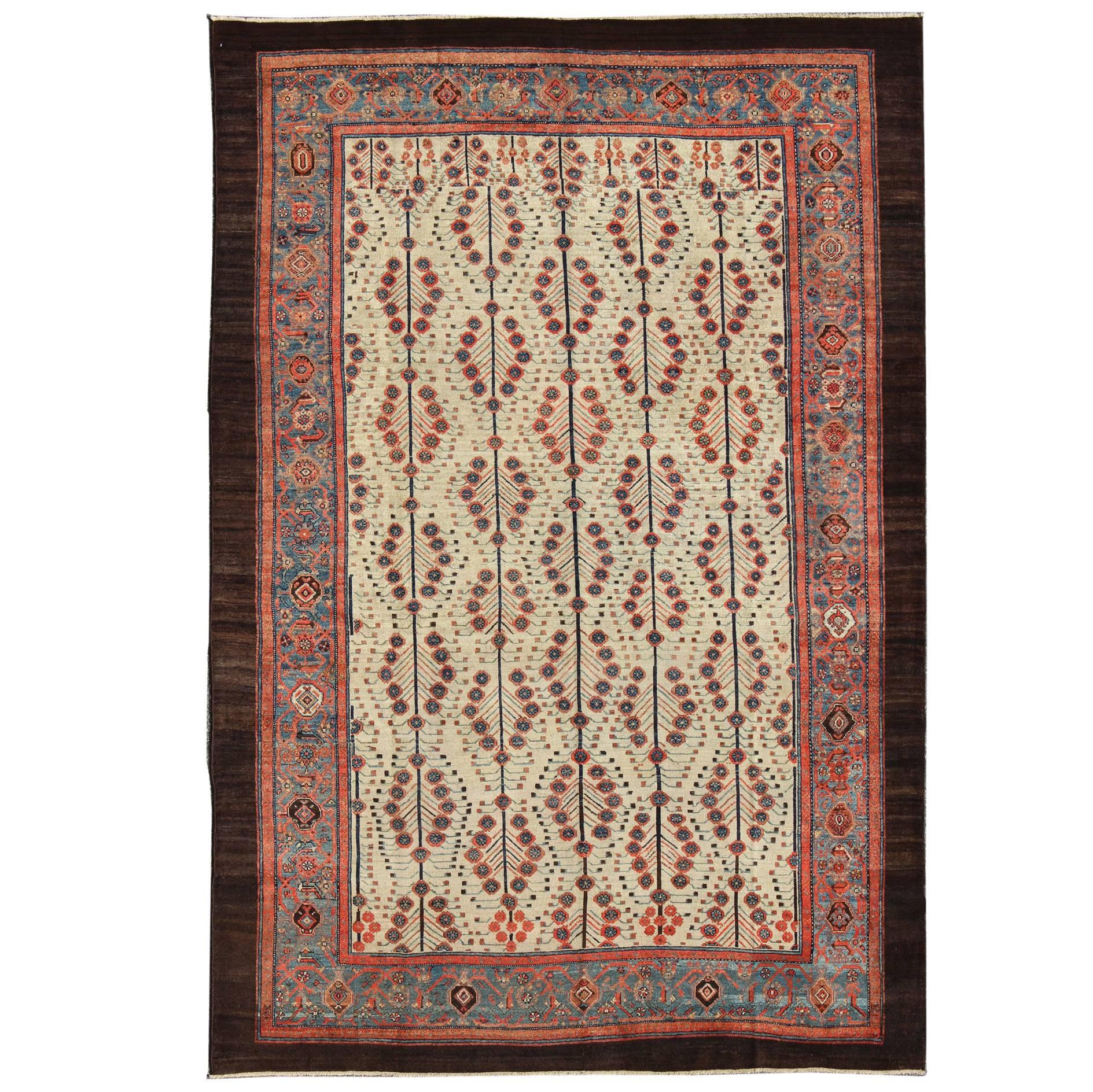 Antique Persian Serab Rug with Tree Design in Cream, Red, Blue and Brown Colors For Sale