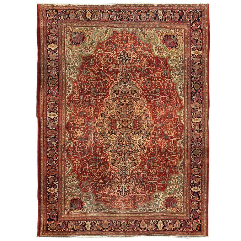 Antique Persian Sarouk Farahan Fine Rug in Red, Green and Jewel Colours