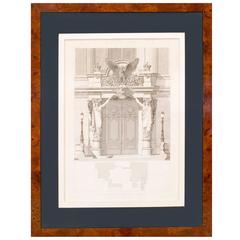 19th Century French Burl Framed Neoclassical Print of an Architectural Facade