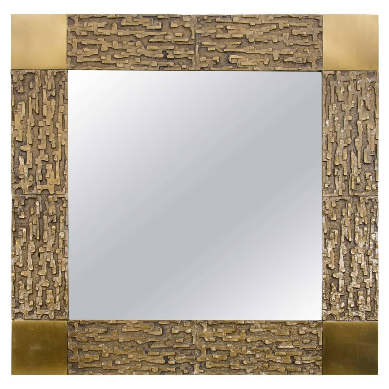 Square Bronze Mirror with Relief Surround and Brass Detail