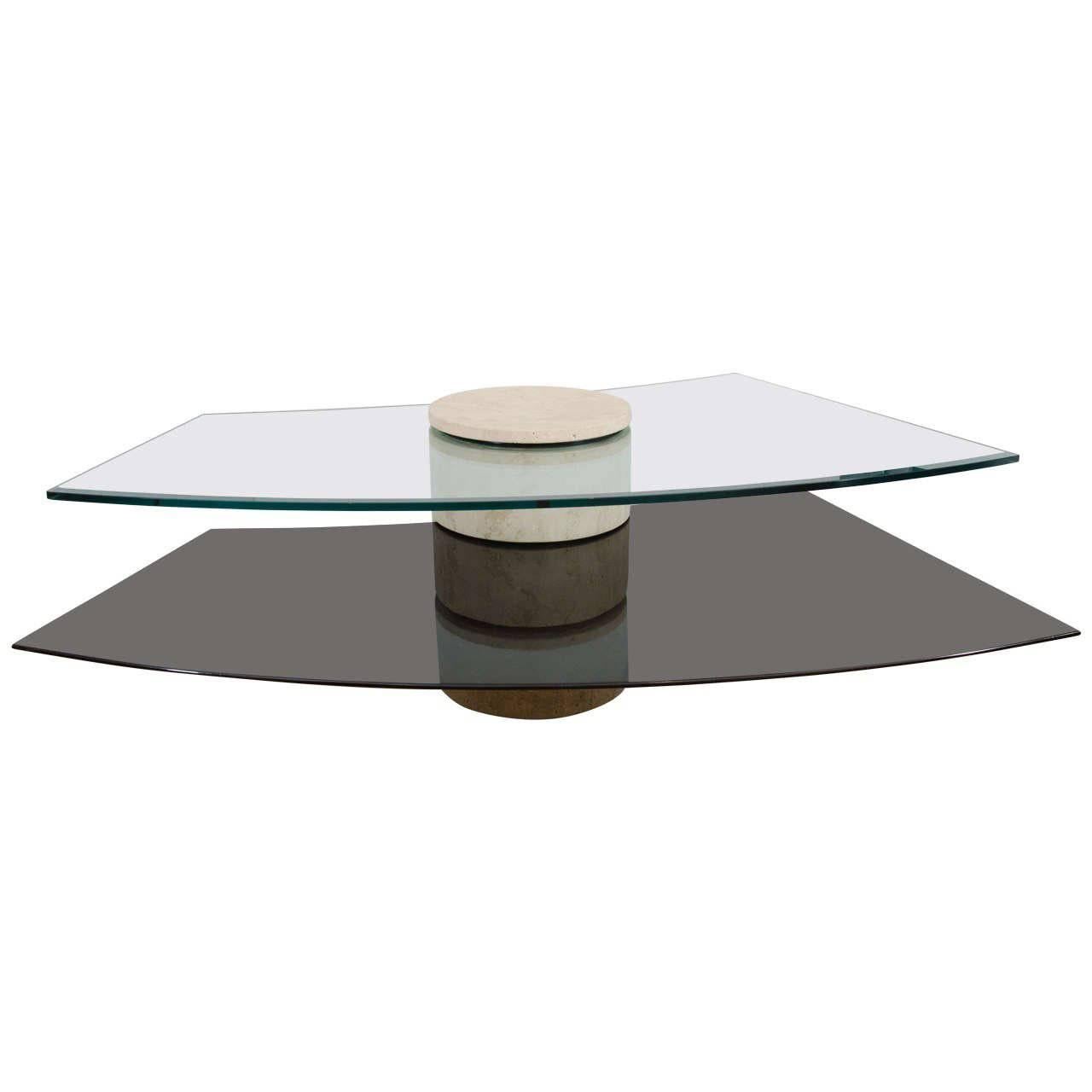 Adjustable Travertine, Wood and Glass Coffee Table