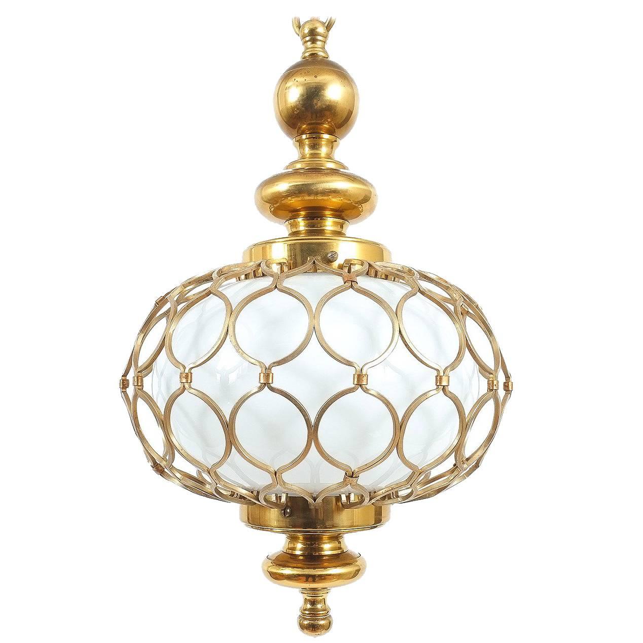 Elegant French Caged Brass Opal Glass Pendant Lamp