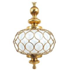 Elegant French Caged Brass Opal Glass Pendant Lamp